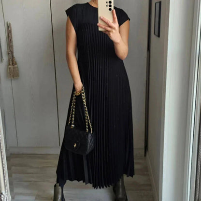 maoxiangshop Solid Color Loose Swing Sleeveless Long Dress Female Round Collar Basic Pleated Dress Spring Summer Casual Wome Beach Boho Robe