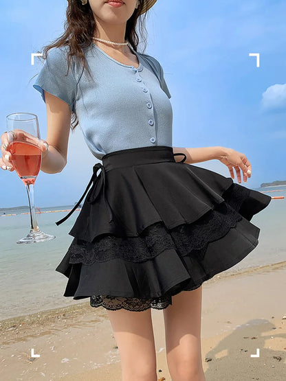 maoxiangshop Black Patchwork Lace Short Women Cake Skirt With Lace Up High Waist Preppy Style Cute Ball Gown Kawaii Skirts Girls