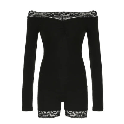 maoxiangshop  -  2024 Autumn Lace Patchwork Hollow Out Skinny Playsuits Women Sexy Off Shoulder Long Sleeve Skinny Rompers Club Party Jumpsuits