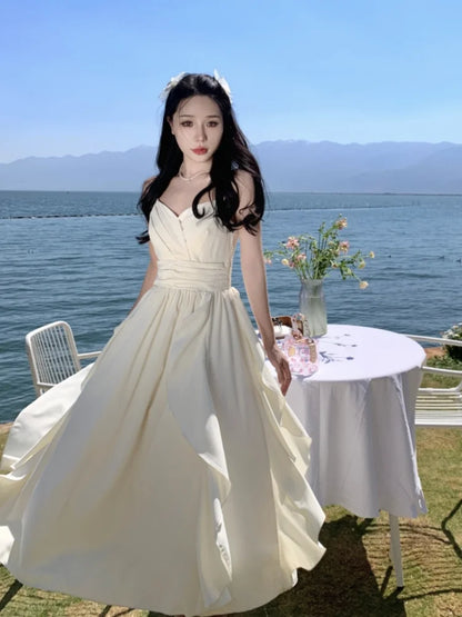 Korean Elegant Evening Party Prom Ruffles Dress Women 2024 Summer New Chic Spaghetti Strap Midi Vestido Female Casual Clothing