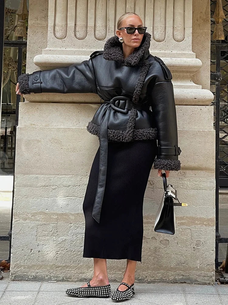 maoxiangshop  -  Pu Leather Women's Jacket Patchwork Belt Stand Collar Solid Female Coat 2024 Autumn Winter Highstreet Thicken Lady Overcoat