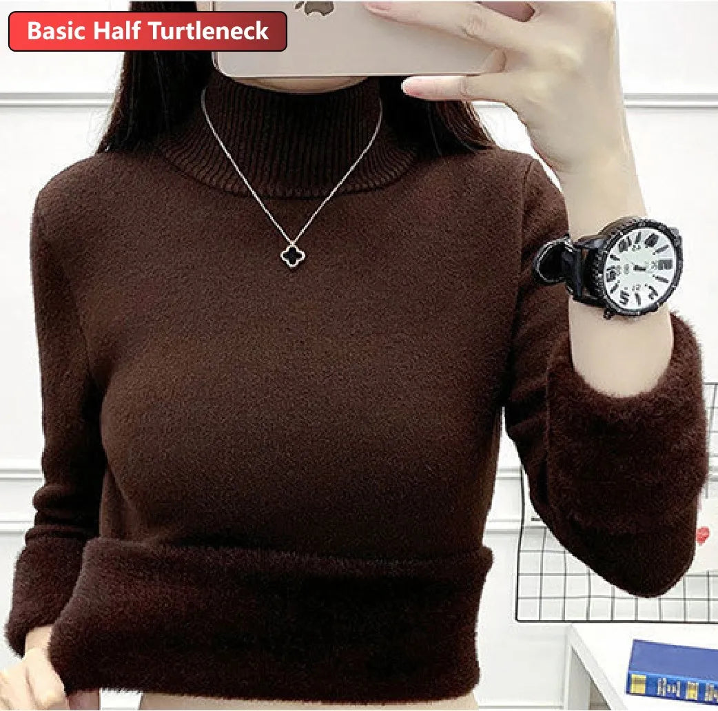 maoxiangshop Turtleneck Winter Sweater Women Elegant Thicken Velvet Lined Warm Sueter Knitted Pullover Slim Tops Jersey Knitwear Jumper New