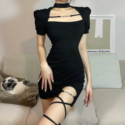 maoxiangshop New Vintage Black Bandage Sexy Dress Spice Girls Hollow Out Short Sleeve Dress Women's Sweet Spicy Thin Skirt Halloween