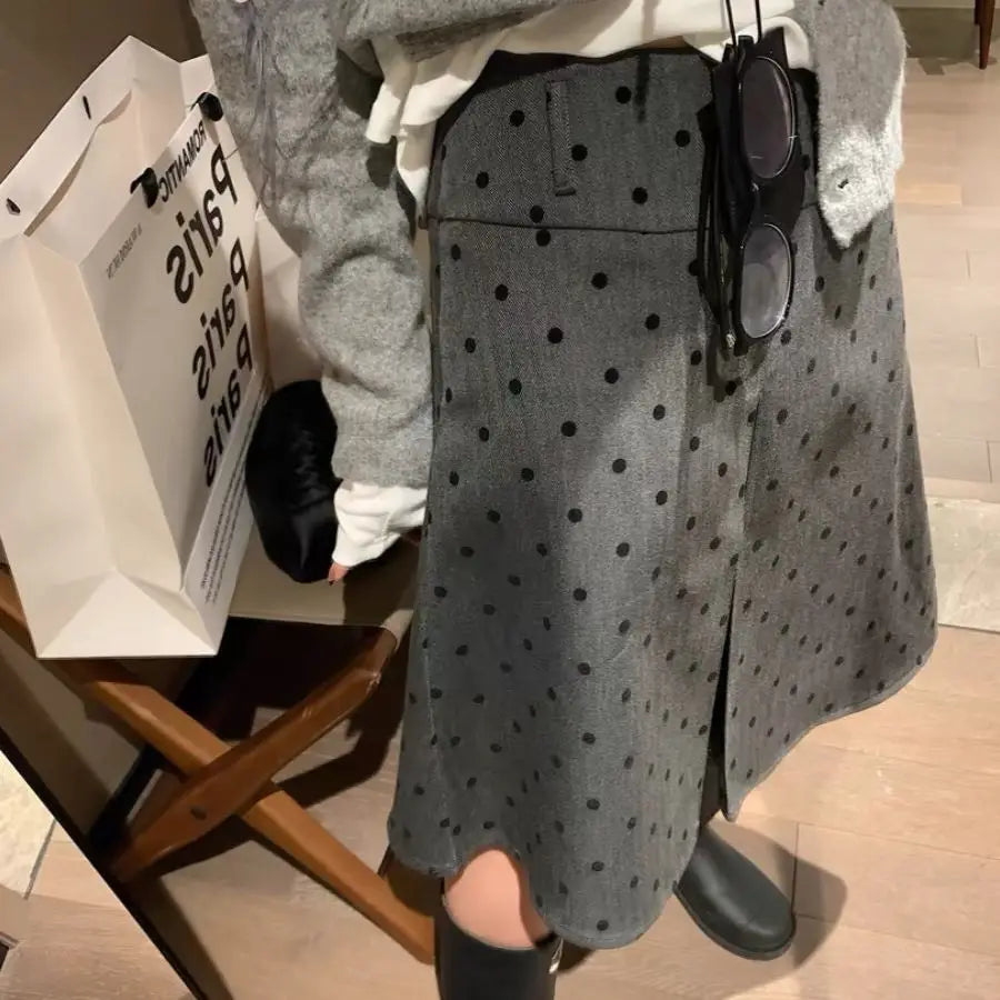 maoxiangshop  -  Retro Wear Two Sides Wear Pleated Polka-dot Skirt Women 2024 Fall/winter New Fashion Gray A-line Skirt
