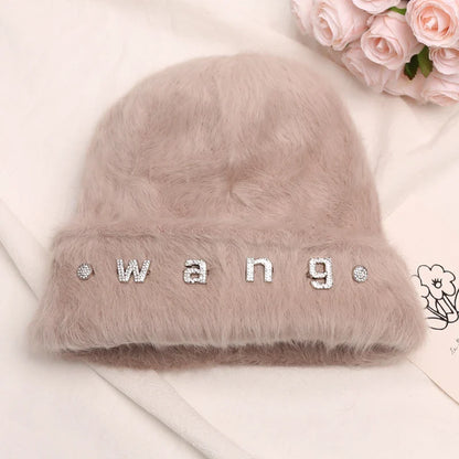 maoxiangshop New Fashion Rabbit Fur Y2k Beanies for Women Soft Warm Fluffy Angola Winter Hat Female Windproof Bonnet Hat Skullies Cap