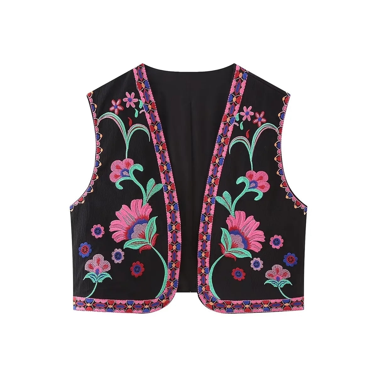 maoxiangshopWomen Fashion Y2k Vintage Floral Embroidery Vest Top V Neck Loose Casual Summer Woman Short Cardigan Waistcoat Chic Tops