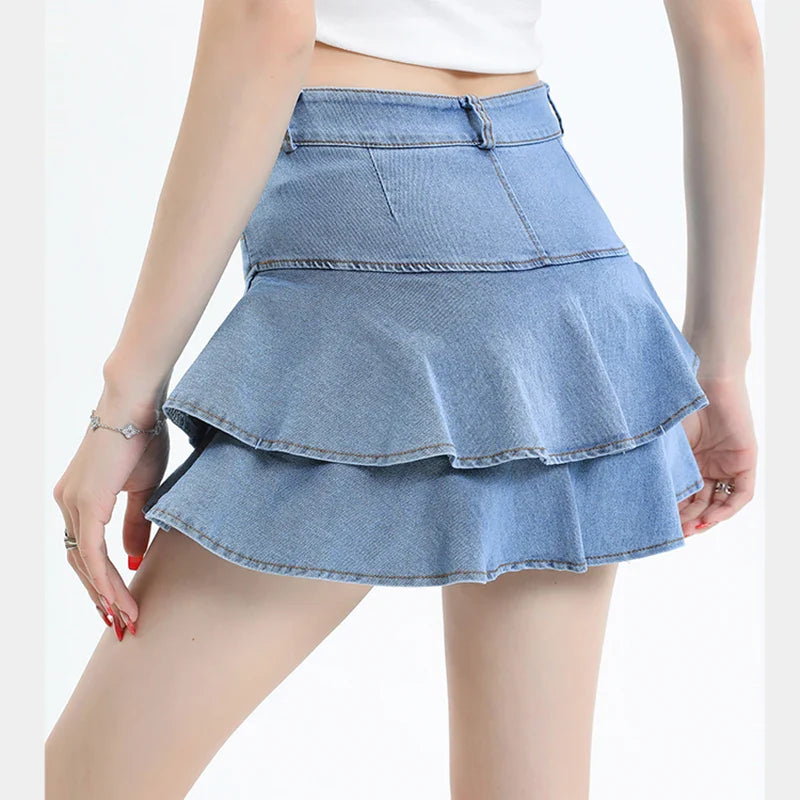 Women Ruffles Denim Skirts Summer Korean Fashion High Waist Mini Skirts Y2K Causal All Match Female Blue Jeans Skirts