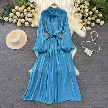 maoxiangshop Frenchic Vintage Long Dress Women Lace-up Bow Collar Lantern Sleeve Female Vestidos De Mujer Spring Elegant Dresses