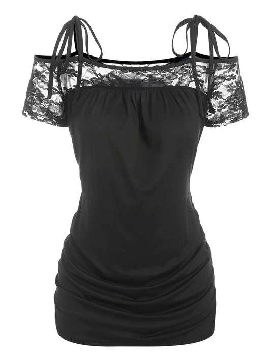 maoxiangshop Cold Shoulder Lace Panel Tied Tee Short Sleeve Open Shoulder Tie T-Shirts For Women Summer Black Tops Shirt Club Blusas