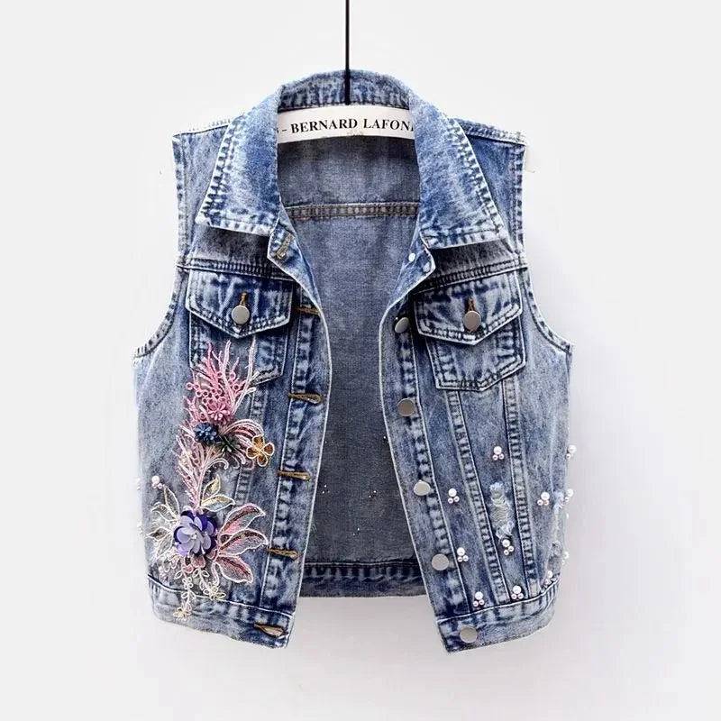 maoxiangshop 2024 Student Vest Slim Short Jacket Embroidery Flowers Sleeveless Denim Vest Women's Beaded Waistcoat Hole Jeans Vest Coat Girl