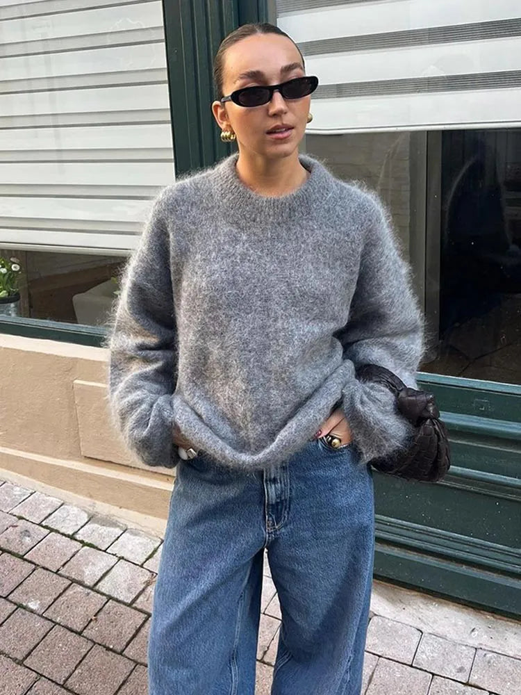 maoxiangshop -  Women Solid O-neck Mohair Knitted Sweater Autumn Fashion Long Sleeve Pullover Jumper Vintage Loose Basic Female Knitwear
