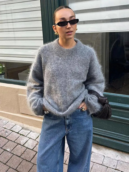 maoxiangshop -  Women Solid O-neck Mohair Knitted Sweater Autumn Fashion Long Sleeve Pullover Jumper Vintage Loose Basic Female Knitwear