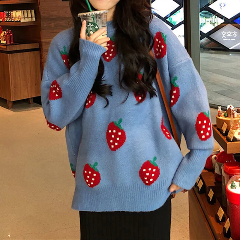 maoxiangshop Cute Strawberry Sweater Women Soft Jacquard Knit Pullover Jumper Teen Girl Autumn Winter Outfit