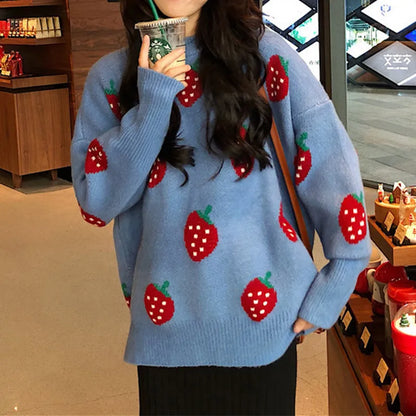 maoxiangshop Cute Strawberry Sweater Women Soft Jacquard Knit Pullover Jumper Teen Girl Autumn Winter Outfit