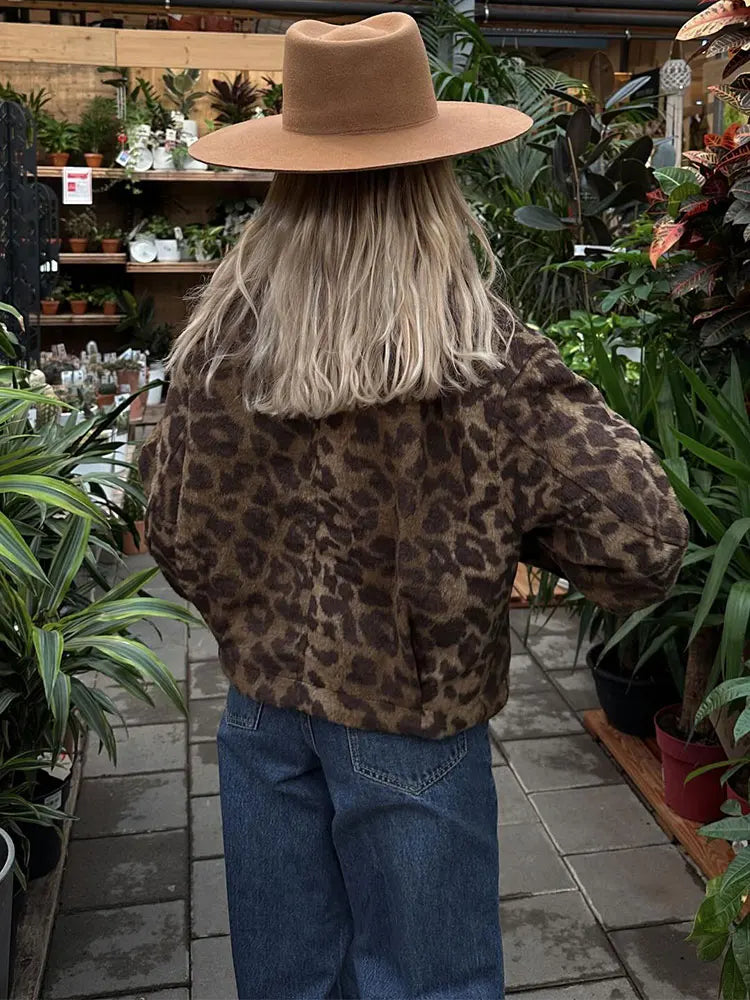 maoxiangshop -  Chic Leopard Button Short Coats For Women Elegant Long Sleeve Lapel Plush Jackets Ladies Fashion Winter High Street Outerwear
