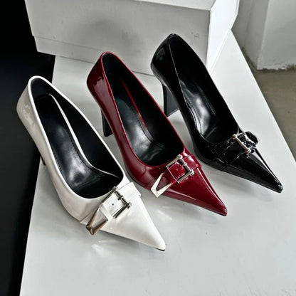 maoxiangshop  -  Patent Leather Sexy High Heels Women Metal Buckle Pointed Designer Pumps Female 2024 Fall Fashions Elegant Office Women Shoes