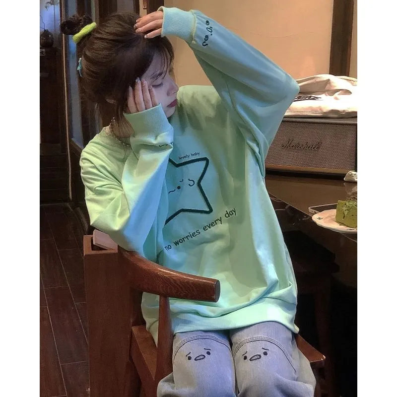 maoxiangshop Deeptown Harajuku Kawaii Star Graphic Sweatshirt Women Japanese Style Oversized Hoodies Vintage Loose Casual Y2K Tops Streetwear