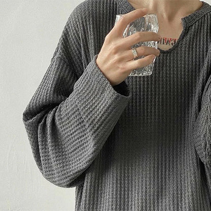 maoxiangshop Men's Retro Loose Lazy Stylish Long Sleeve T-Shirt Casual O Neck Solid Exposed Clavicle Tops Breathable Basic Shirt 2024 New