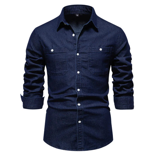 maoxiangshop New Autumn Men's Denim Shirt Cotton Elastic Casual Social Design Double Pockets Slim Jeans Shirts for Men