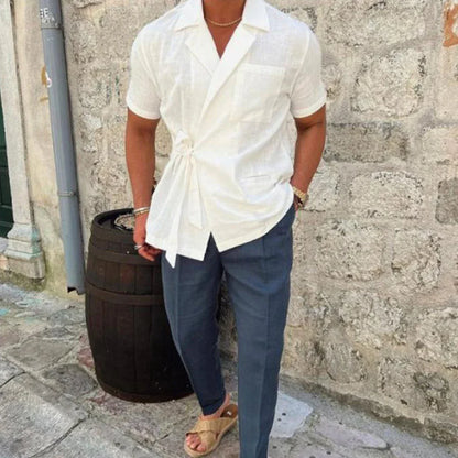 maoxiangshop Summer Solid Color Linen Short-sleeved Shirt Suit Lapel Strap French Elegant Gentleman Loose Casual Simple Top Men's Clothing