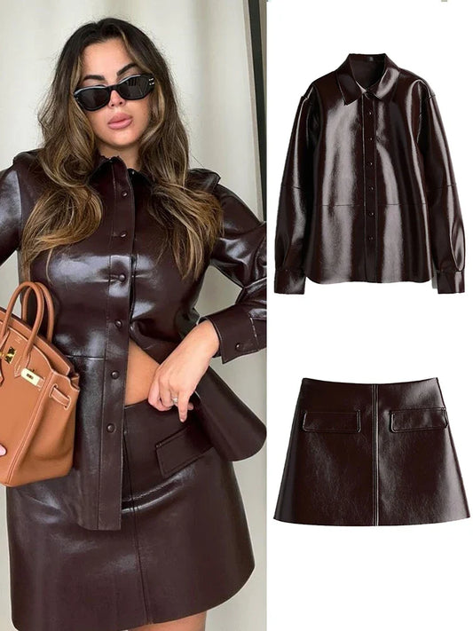 maoxiangshop  -  Fashion Leather Jacket Skirt Suit Women Lapel Button PU Coat Mini Skirts 2 Pieces 2024 Lady Autumn Street New in Matching Sets