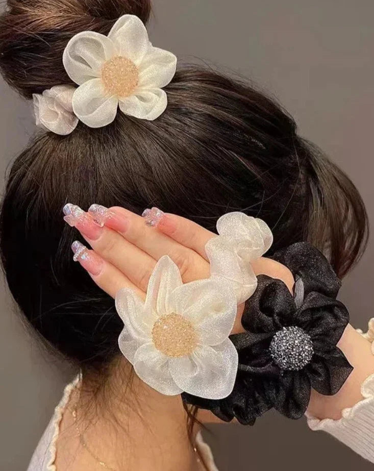 maoxiangshop New Mesh Flower Hair Ring Shine Hair Tie Korean Temperament Elastic Hair Band Hair Rope For Women Hair Accessories