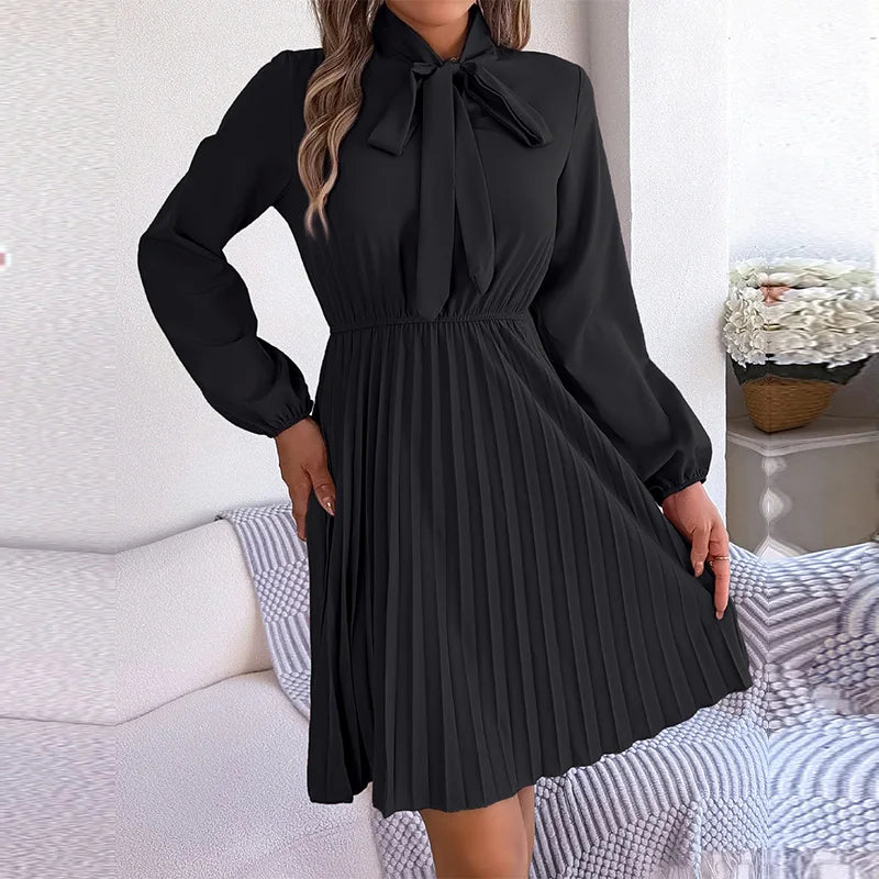 maoxiangshop Women's New Autumn Winter Temperament Lace Up Solid Color High Waist Long Sleeve Pleated Dress