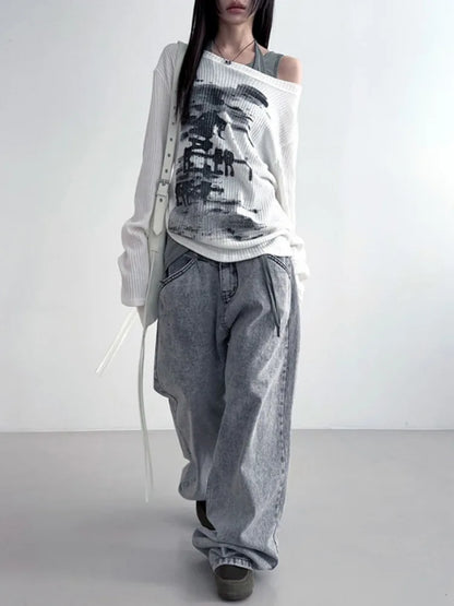 maoxiangshop  -  Autumn Harajuku Women Printing Tees Vintage Streetwear Grunge Skew Collar Tops Y2k Aesthetic Loose Casual Hiphop Vintage Tops