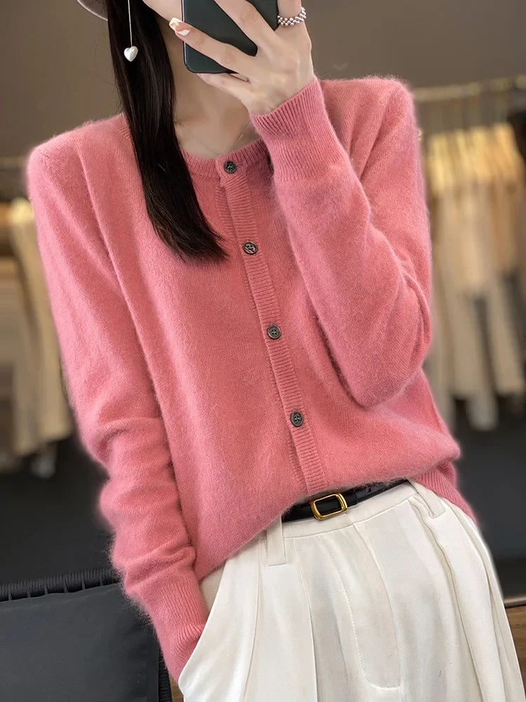 maoxiangshop Aliselect Women Cardigan Super Warm Pure Mink Cashmere Sweaters O-neck Loose Female Clothes Ladies' Solid Color Knitwear Tops