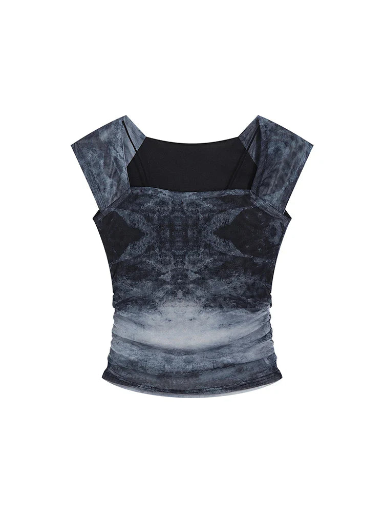 Summer Women Dark Academia 2000s Aesthetic Tie Dye Sleeveless T-Shirts Square Collar Tees Gothic Crop Tops Stylish Kpop Y2k Hot