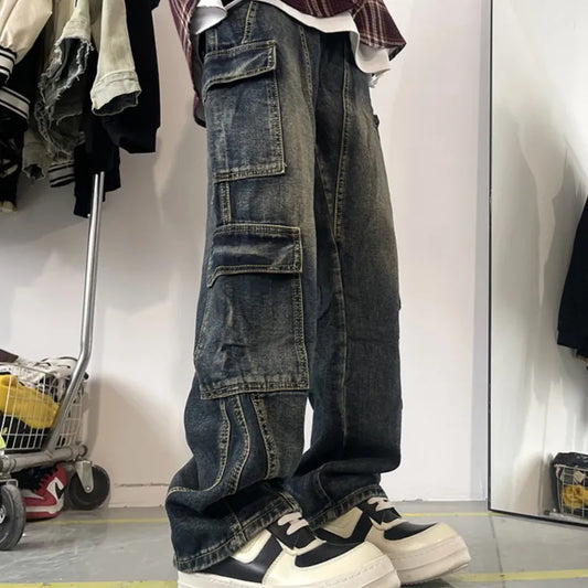 maoxiangshop Men's Patchwork Blue Cargo Jeans Unisex Straight Casual Trousers Men Muti-pockets Hip Hop Streetwear 90s Vintage Fashion Pants