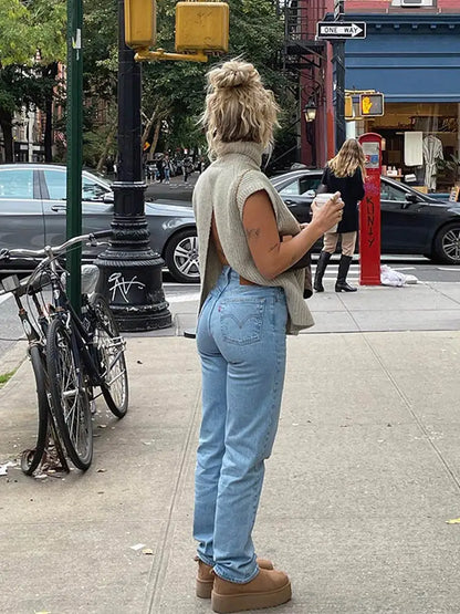 maoxiangshop  -  Women Solid Turtleneck Sweater Vest Casual Backless Thick Pullovers Knitted Sweaters Autumn Female Warm Fashion Streetwear