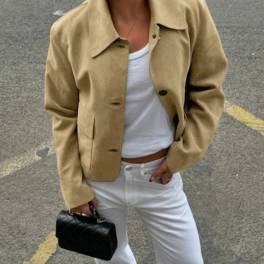 maoxiangshop  -  Suede Jacket For Women's Autumn Winter Street Vintage Casual Pockets Coat Solid Lapel Long Sleeve Fashion Short Jackets