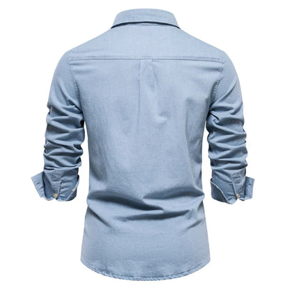 maoxiangshop Autumn New Cotton Men's Denim Shirt Solid Color Single Pocket Casual Long Sleeve Shirt Autumn Jeans Shirt for Men