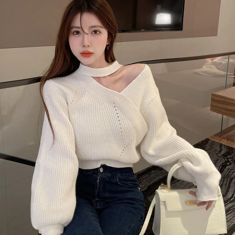 maoxiangshop Women Christmas Sweater Autumn Winter Long Sleeved Sweater Warm V-neck Off Shoulder