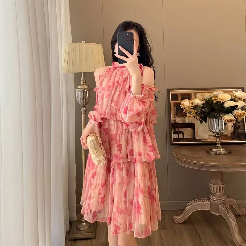 Lantern Sleeve Summer Dress New French Style Floral Dress for Women Sweet Elegant Tierred Knee Length Mini Dress