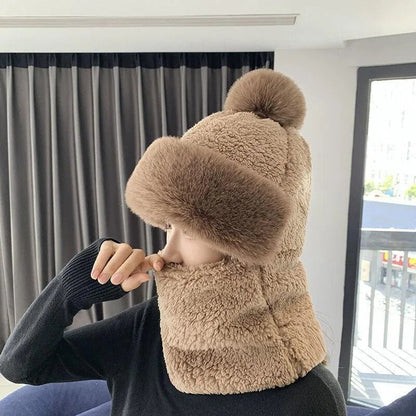 maoxiangshop Winter Scarf Set Hooded for Women Plush Neck Warm Russia Outdoor Ski Windproof Hat Thick Plush Fluffy Beanies