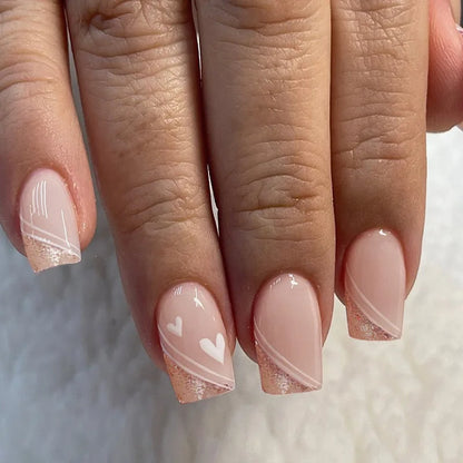 maoxiangshop 24pcs/set ballet short fake nails for Valentine's Day cute heart with glitters french white square tips press on false nail art