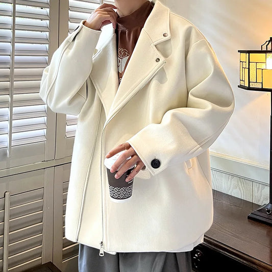 maoxiangshop MEN WINTER OUTFIT Winter Thickened Short Woolen Coat Men Warm Casual Zipper Woolen Jacket Men Korean Loose Thick Woolen Coat Mens Jackets Coat