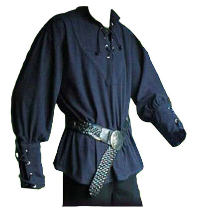 maoxiangshop Mens Medieval Shirts Poet's Renaissance Costume Viking Pirate Captain Lace Up Ruffle Tops Sand Collar Shirt