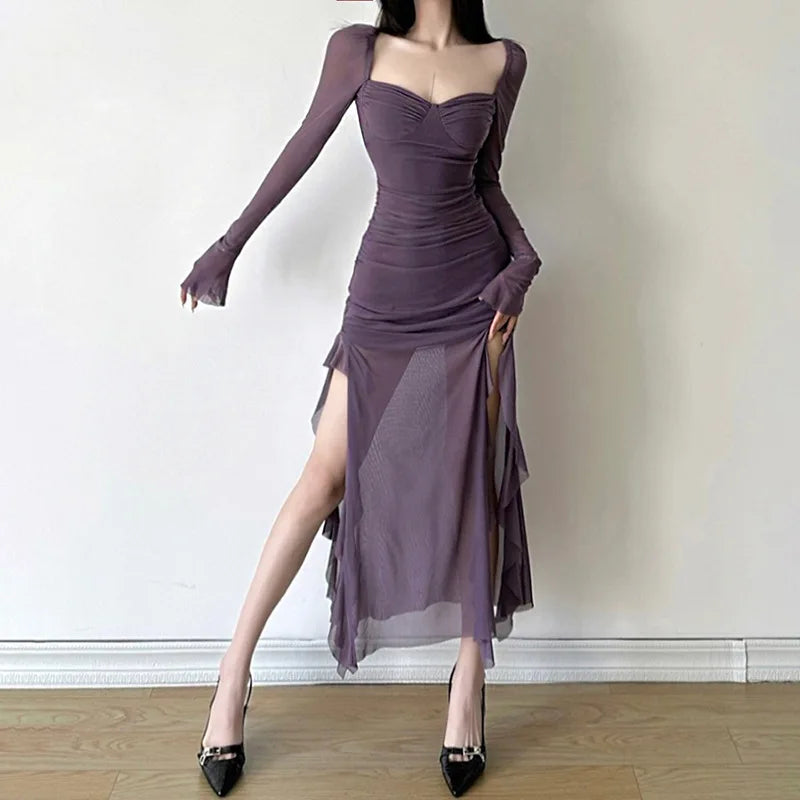 maoxiangshop-Winter Party Queen Purple Mature Sexy Beautiful Confident Elegant Graceful Women'S Translucent Thin Straight Dress