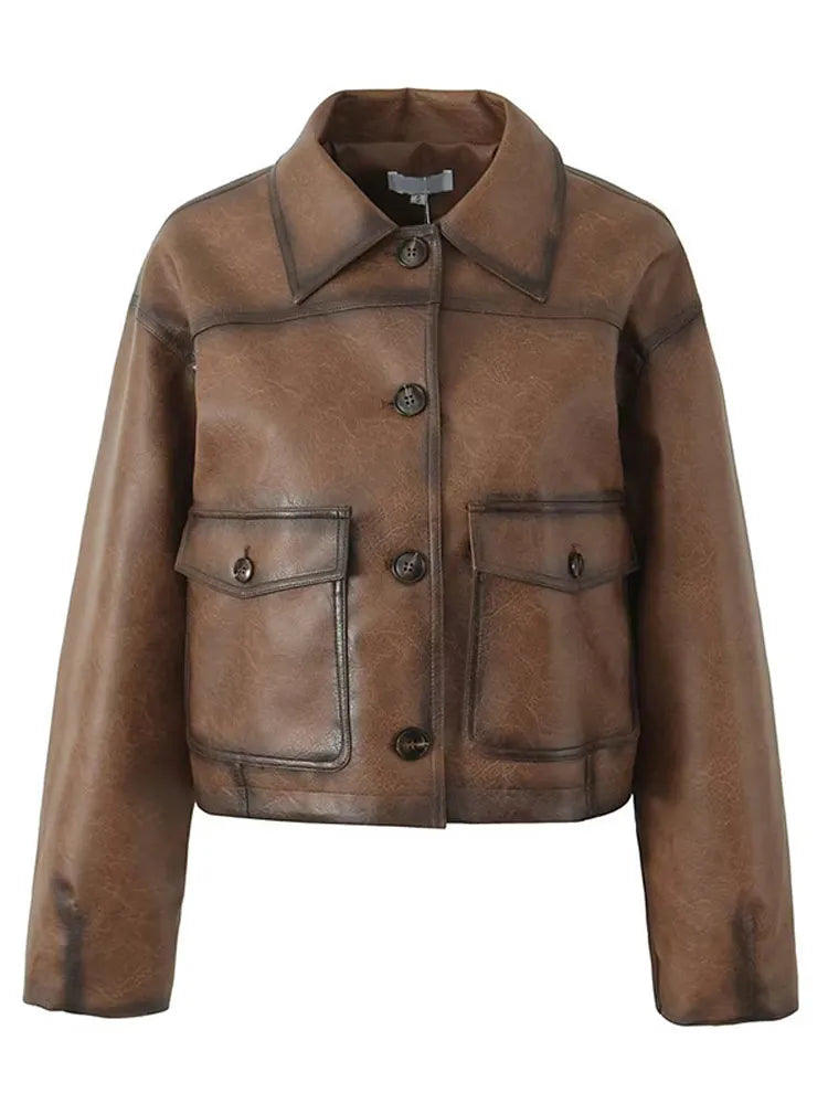 maoxiangshop  -  Retro Solid Color Button Pu Women's Leather Jacket Fashion Collar Pocket Long Sleeved Coat Autumn Ladies Casual High Streetwear