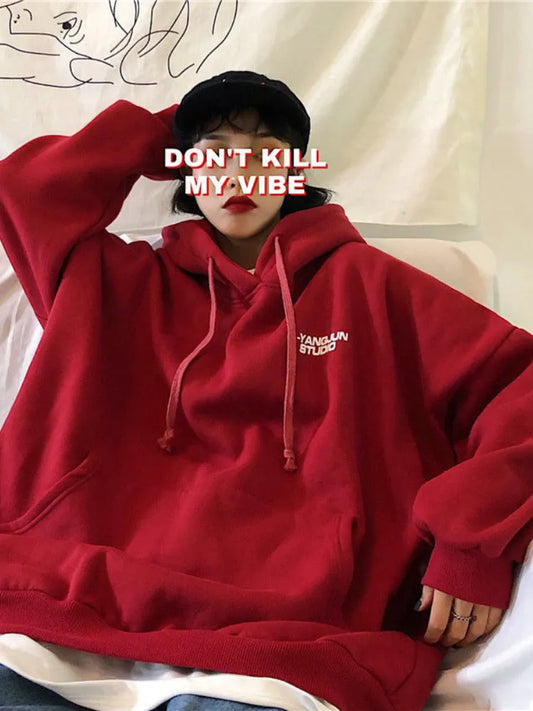 Korean Fashion Oversized Hoodies Women Harajuku Hip Hop Solid Loose Sweatshirts Autumn Winter Fleece Tops Gothic Grunge