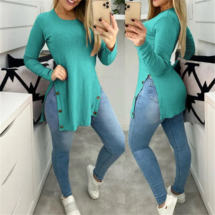 maoxiangshop Pit strip solid color round neck slit button long sleeve T-shirt large size women's blouse