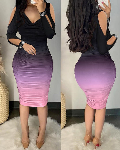 maoxiangshop Autumn Sexy Elegant Off Shoulder Party Tight Dress Women Fashion V-Neck Hollow Out Diamond Long Sleeve Stacked Slim Dress Women