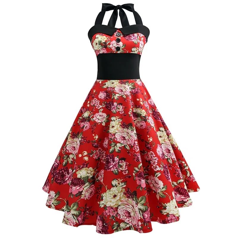 maoxiangshop Casual Floral 50s 60s Retro Vintage Dress Women Robe Rockabilly Swing Pinup Vestido Sexy Elegant Dress Vestidos