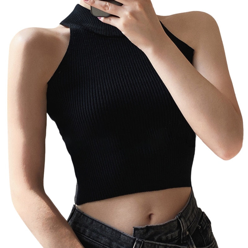 maoxiangshop Women Ribbed Halter Tank Crop Tops Summer Spring Base T-shirt Harajuku Adults Sleeveless Solid Color Round Neck Knit Tops