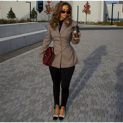 maoxiangshop  -  Plaid Coat Women Belt Autumn Winter Slim Lapel Buttons Pockets Outerwear Female Long Sleeve Vintage Jacket Lady High Street Chic