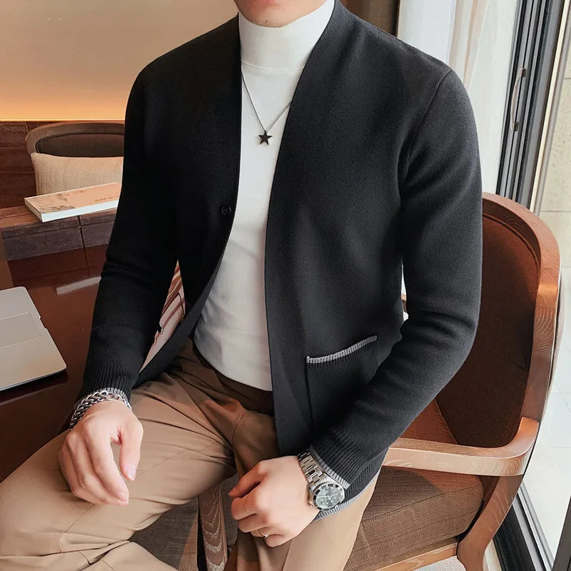 maoxiangshop Knitted Cardigan Men Autumn Long Sleeve Slim Fit Sweater Coat Business Casual Sweatercoat Streetwear Men Clothing