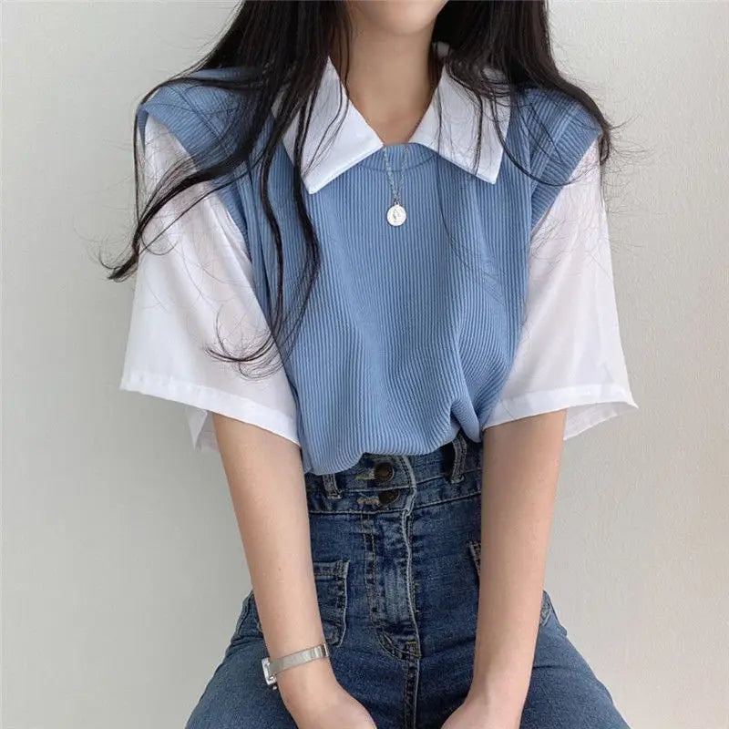 maoxiangshop Korean Spring Summer Casual Polo T-Shirt Female Pullover Women's Loose Tees Top Fake Two Piece Suit Student Preppy Style